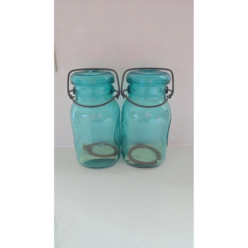 Ball Ideal Bicentennial Aqua Blue Glass Jars Wire Bail Set of 2 1776-1976